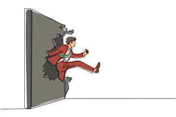 Poster - Single continuous line drawing businessman run and breaking through brick wall. Leadership concept. Business concept of obstacle and solution. Dynamic one line draw graphic design vector illustration
