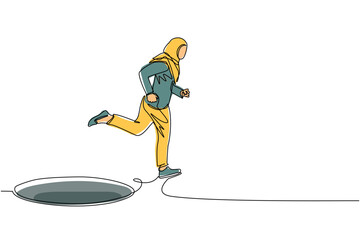 Poster - Single continuous line drawing Arabic businesswoman jumping through the hole, metaphor to facing big problem. Business struggles. Strength for success. One line draw graphic design vector illustration