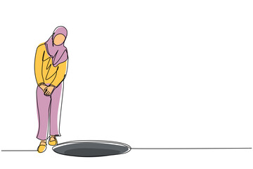 Aufkleber - single continuous line drawing arabian businesswoman looking at black hole. woman wondering and look