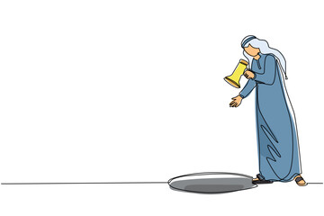 Poster - Single continuous line drawing Arabian businessman scream into pit hole. Man wondering and looking at big hole, business concept in opportunity, exploration or challenge. One line draw design vector