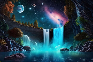 Fantasy beautiful futuristic landscape with a waterfall. Neural network AI generated art