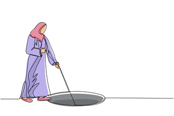 Poster - Continuous one line drawing Arab businesswoman stretch out rope into hole. Woman wondering, looking at big hole, business concept in opportunity, exploration, challenge. Single line draw design vector