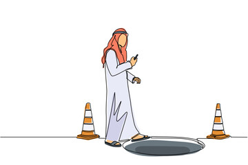 Poster - Single one line drawing Arab businessman character going on street watching by smart phone and did not see open manhole. Man walks to business trap. Continuous line design graphic vector illustration