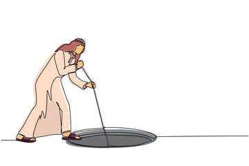Poster - Single one line drawing Arab businessman stretch out rope into hole. Man wondering and looking at big hole, business concept in opportunity, exploration, challenge. Continuous line draw design vector