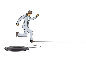 Poster - Single continuous line drawing businesswoman jumping through the hole, metaphor to facing big problem. Business struggles. Strength for success. Dynamic one line graphic design vector illustration