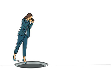 Poster - Single continuous line drawing businesswoman scream into pit hole. Woman wondering, looking at big hole, business concept in opportunity, exploration or challenge. One line draw graphic design vector