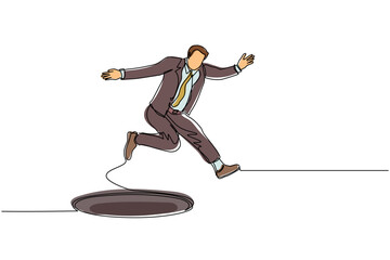 Poster - Single continuous line drawing businessman jumping through the hole, metaphor to facing big problem. Business struggles. Strength for success. Dynamic one line draw graphic design vector illustration