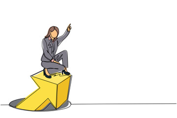 Poster - single one line drawing businesswoman standing on arrows coming out of holes. woman leading financia