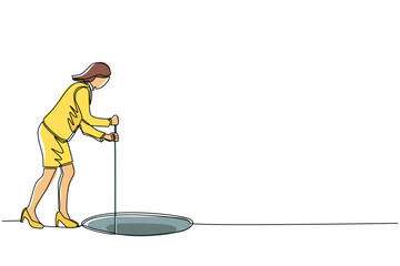 Poster - Continuous one line drawing businesswoman stretch out rope into hole. Woman wondering and looking at big hole, business concept in opportunity, exploration or challenge. Single line draw design vector
