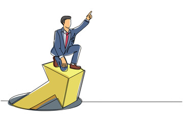 Poster - single one line drawing businessman standing on arrows coming out of holes. man leading financial gr