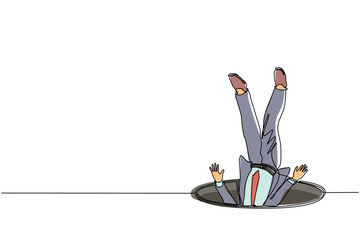 Poster - Continuous one line drawing businessman falling into pit hole. Legs up. Logo protruding legs from the hatch, puddles. Metaphor. Failure. Defeat. Single line draw design vector graphic illustration