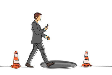 Aufkleber - Single one line drawing businessman character going on street watching by smart phone and did not see open manhole. Man walks to business rap. Continuous line draw design graphic vector illustration