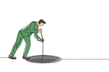 Poster - Continuous one line drawing businessman stretch out rope into hole. Man wondering and looking at the big hole, business concept in opportunity, exploration or challenge. Single line draw design vector