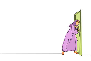 Poster - single one line drawing arabian businesswoman running wants to break down door. business struggle. s