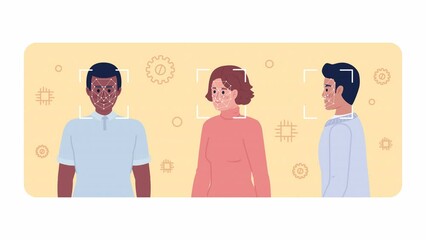 Poster - Animated face recognition technology. Street-level surveillance system. 2D cartoon flat characters 4K video footage on white with alpha channel transparency. Concept animation for web design