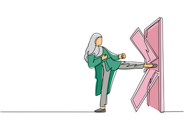 Poster - Continuous one line drawing Arabian businesswoman kicks the door until door shattered. Woman kicking locked door and destroy. Business concept of overcoming obstacles. Single line draw design vector
