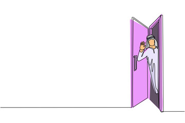 Poster - Continuous one line drawing Arabic businessman looking from behind open door. Man peeking of door and wave hands. Cheerful male standing in doorway. Single line draw design vector graphic illustration