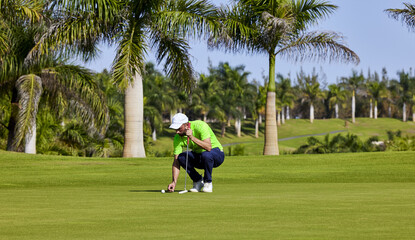 Wall Mural - Golfer on the green with a putter in his hands. A player on the green evaluates the slopes and distance from the hole before aiming the ball towards the flag.