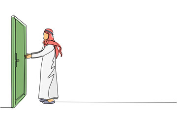 Poster - single continuous line drawing arabian businessman inserts key into keyhole which is on the door. ma