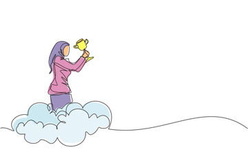 Poster - Single one line drawing Arabian businesswoman holding trophy in cloud. Showing award celebrate her victory in sky. Business success goal achievement. Winning competition. Continuous line design vector
