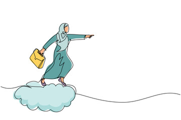 Poster - Continuous one line drawing Arabian businesswoman holding briefcase ride cloud, pointing forward, go to future, business concept. Woman on cloud way to success. Single line draw design vector graphic