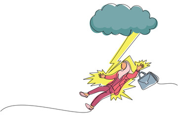 Poster - Single one line drawing Arabian businesswoman struck by lightning or thunder from dark cloud. Bad luck, misery, unfortunate, unlucky, disaster, risk, danger. Continuous line draw design graphic vector