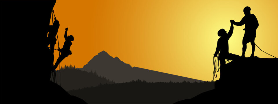 Fototapete - Climb climber adventure hobby vector illustration for logo - Black silhouette of a climbers on a cliff rock with mountains landscape and sunset sunrise as a background