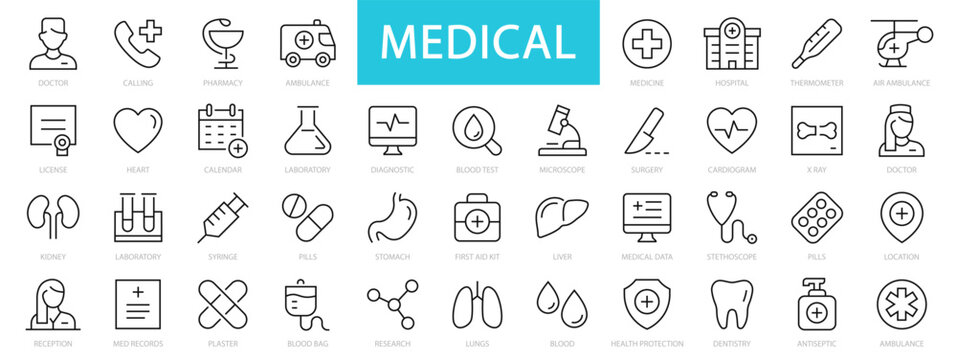 medicine & health thin line icons. medical, medicine, health, doctor editable stroke icon set. vecto