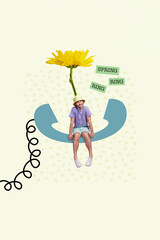 Sticker - Creative picture template collage of mini young guy sit vintage telephone order yellow flower celebrate spring holidays