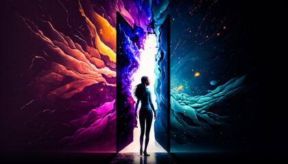 Wall Mural - Woman standing in front of an open door. Generative AI.