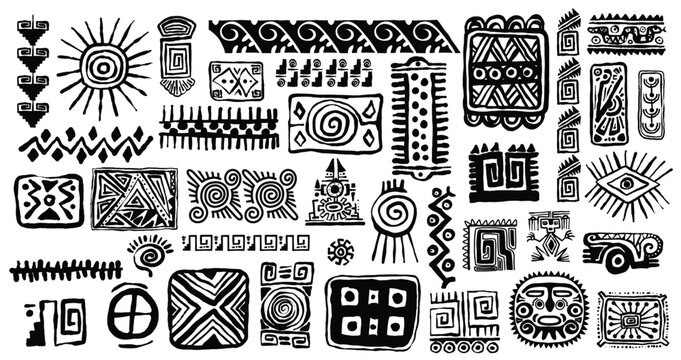 set of mexican gods symbols. abstract aztec animal bird totem idols, ancient inca maya civilization 