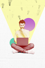 Poster - Photo cartoon comics sketch collage picture of thoughtful guy having working modern device having idea isolated drawing background