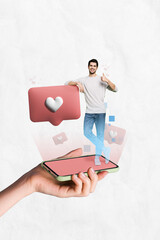 Aufkleber - Composite photo art design collage of young blogger virtual reality app projection share his media content thumb up isolated on white background