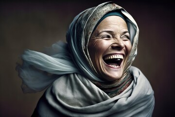 Wall Mural - Muslim arab woman in hijab laughing out loud with happiness. This is a Royalty-free fictitious generative AI artwork that doesn't exist in real life.
