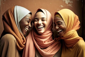 Wall Mural - a group of Muslim arab women in hijab laughing out loud with happiness. This is a Royalty-free fictitious generative AI artwork that doesn't exist in real life.
