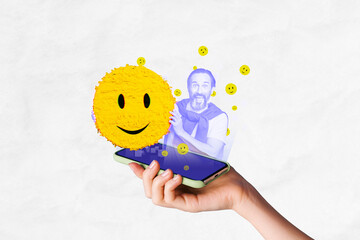 Sticker - Creative advert collage of young excited overjoyed blogger mature age man hold yellow pinata smile emoticon hologram app isolated on white background