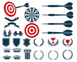 Darts game heraldic blazons, award coat of arms, prize elements, targets, dartboard and banners, darts competition emblem, vector