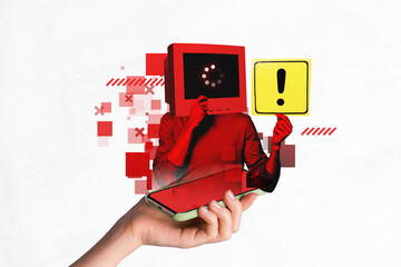 Composite collage photo artwork of headless person innovations concept smartphone display interface loading error alert isolated on white background