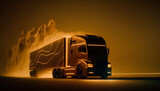 Fototapeta Sawanna - Futuristic LED lights truck driving at night. Black and gold. Generative AI.