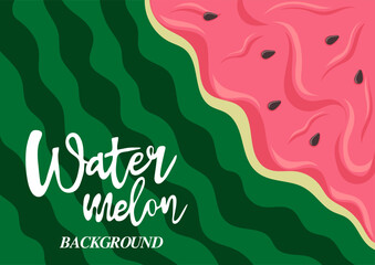 Watermelon background. Green striped berry with red pulp and brown seeds. Design for banners, posters, card. Vector illustration