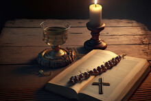 Holy Bible Book With Rosary And A Candle On A Wooden Table. Concept Image About Religion. Ai Generative