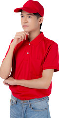 Poster - Young asian man in uniform red and cap standing and thinking idea, employee or dealer, courier and delivery, deliveryman and expression, logistic and cargo.