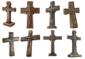eight different decorated wooden crosses on a transparent background, generative ai