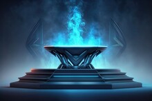 Blue Futuristic Empty Podium Stage With Smoke And Neon Light Generative Ai Sci-fi Alien Stand Platform	