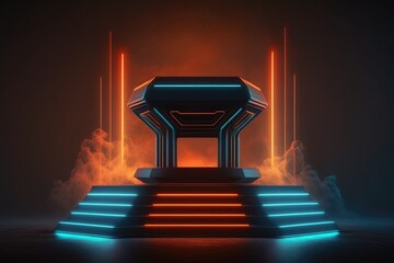 Wall Mural - futuristic empty podium stage with Smoke and neon light generative ai sci-fi alien stand platform	