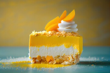 Mango Coconut Cake with layers of mango puree, coconut cream, and topped with fresh mango pieces and toasted coconut flakes