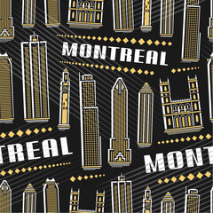 Vector Montreal Seamless Pattern, repeating background with illustration of famous montreal city scape on dark background for wrapping paper, decorative line art urban poster with white text montreal