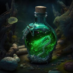 Generative AI of a green magic potion in a bottle with an empty label