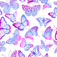 Wall Mural - Seamless pattern blue neon butterflies. Vector illustration