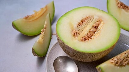 Wall Mural - Cantaloupe, melon fruit slice over bright background. 